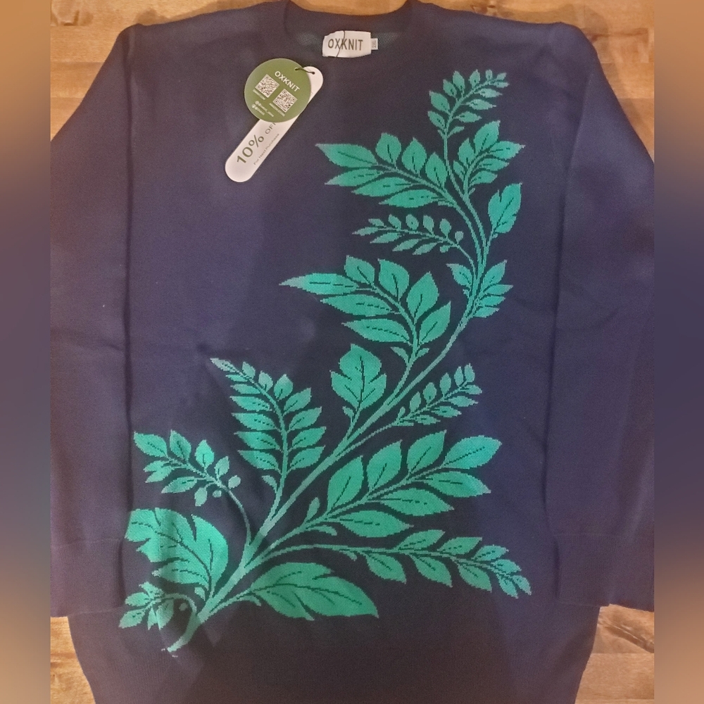 Women's Navy Blue Sweater with Green Leaf Design